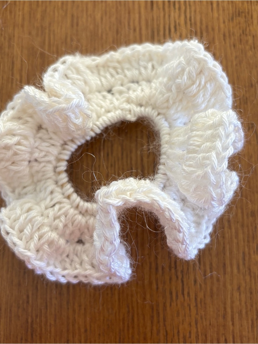 Handmade White mohair and cotton Crochet Ruffle Scrunchie